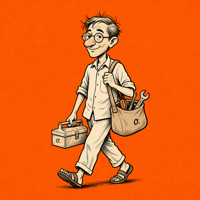 The Orcus worker mascot walking with his toolbox